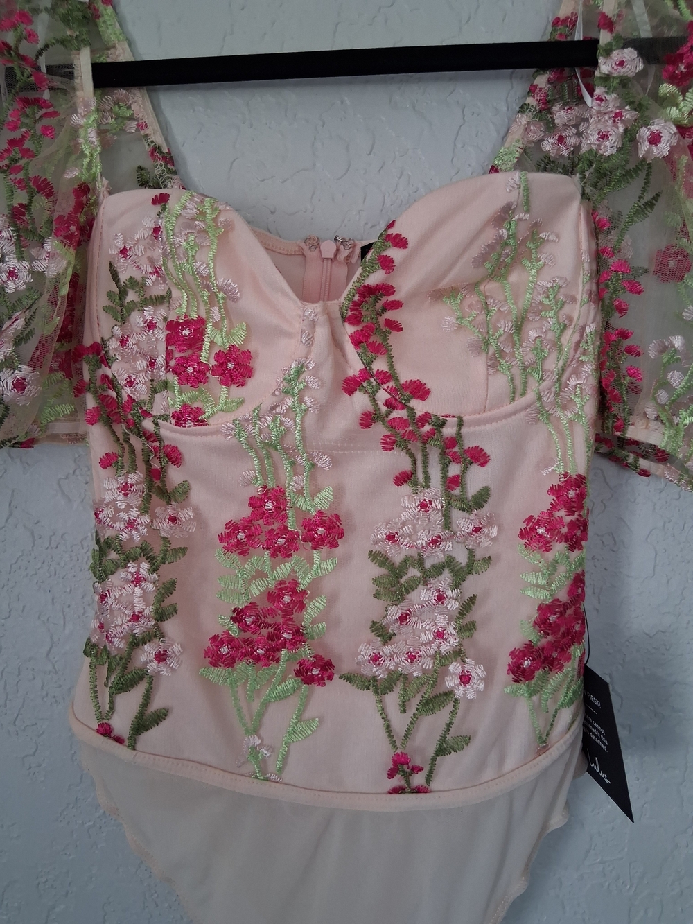 Lulus Essence of Elegance Pink Floral Embroidered Bustier Bodysuit NWT XS